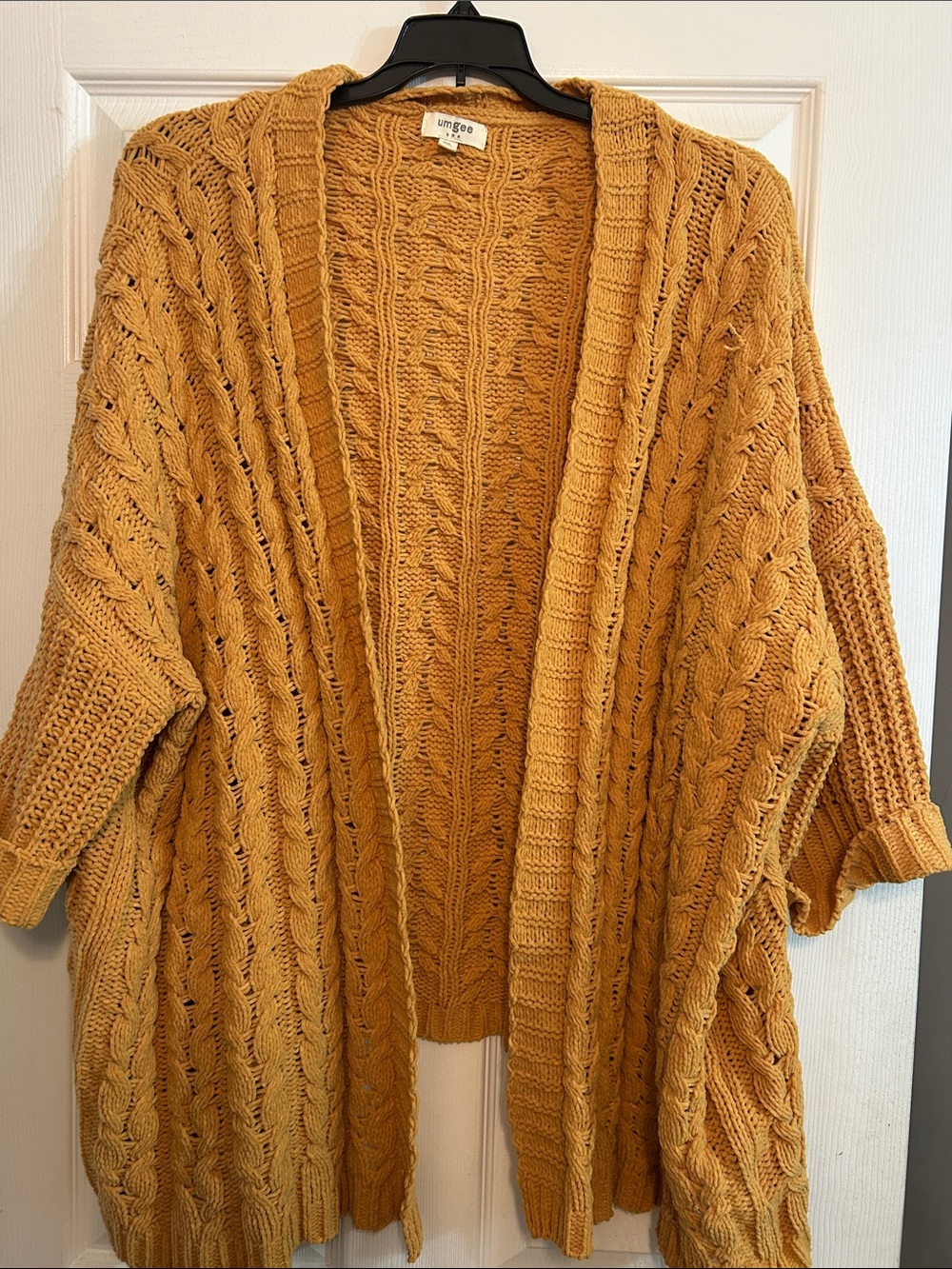 Umgee Mustard Cable-Knit Open Cardigan